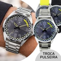Relógio Masculino de Pulso Prata e Cinza com Caixa de Aço Inoxidável Troca a Pulseira Kit c/ 3 Pulseiras Coloridas Casual Tuguir