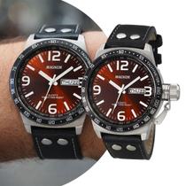 Relógio Masculino de Pulso Preto Vermelho Pulseira de Couro e Caixa de Aço Inoxidável à Prova D Água Grande Robusto Luxo Elegante Casual Social Magnum