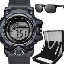 relogio masculino digital aco preto + oculos sol acetato social presente pesado grumet led ponteiro protecao uv silicone
