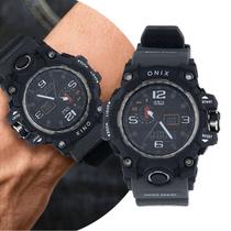 Relógio Masculino Digital Analógico Preto e Cinza de Pulso com Pulseira de Silicone à Prova D Água Militar Tático Shock Onix