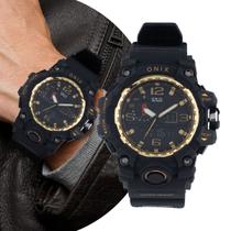 Relógio Masculino Digital Analógico Preto e Dourado de Pulso com Pulseira de Silicone à Prova D Água Militar Tático Shock Onix Relógio Masculino Digital Analógico Preto e Dourado de Pulso com Pulseira de Silicone à Prova D Água Militar Tático Shock Onix