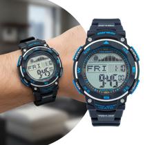 Relógio Masculino Digital de Pulso Azul com Pulseira de Silicone à Prova D Água Surf com Tábua de Maré Esportivo Shock Mormaii