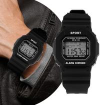 Relógio Masculino Digital de Pulso Preto com Pulseira de Silicone à Prva D Água Quadrado Retro Onix