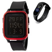Relógio Masculino Digital DG009 - Preto e Vermelho + Relógio M4 - QUEBEC