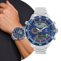 Relógio Masculino Digital e Analógico de Pulso Prata e Azul com Pulseira e Caixa de Aço Inoxidável Luxo Elegante Tuguir