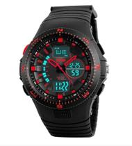 Relógio masculino digital e analógico esportivo preto e vermelho borracha skmei 1198