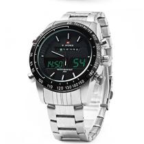 Relógio masculino digital e analógico naviforce 9024 prata inox casual multifunção