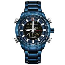 Relógio masculino digital e analógico naviforce 9093 azul inox multifunção casual esportivo