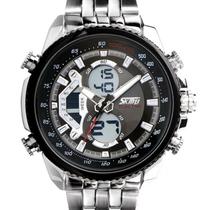 Relógio masculino digital e analógico skmei 0993 multifunção inox prata prateado preto