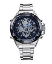 Relógio masculino digital e analógico weide 1103 prata azul anadigi inox casual wh1103