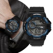 Relógio Masculino Digital Esportivo de Pulso com Pulseira de Silicone à Prova D Água Redondo Shock Preto e Azul Mormaii