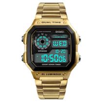 Relógio masculino digital esportivo skmei 1335 dourado pulseira em inox quadrado