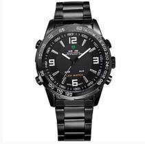 Relógio masculino digital led e analógico weide 1009 preto inox discreto