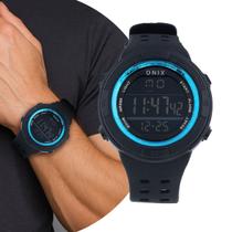 Relógio Masculino Digital Preto e Azul de Pulso com Pulseira de Silicone à Prova D Água Esportivo Casual Onix