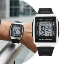 Relógio Masculino Digital Preto e Prata Quadrado com Caixa de Polímero e Pulseira de Silicone à Prova D Água e Iluminação Noturna Onix