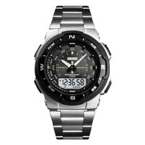 Relógio Masculino Digital Skmei 1370 Resistente à água 5 ATM Preto e Branco Caixa em Resina Preto Pulseira de Metal Prata Visor Acrílico Redondo
