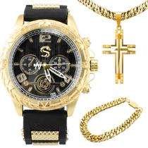 relogio masculino dourado aço inox banhado + pulseira banhado qualidade premium analogico analógico original ajustavel