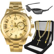 relogio masculino dourado aço inox + cordão + oculos sol casual social presente proteção uv preto ouro original