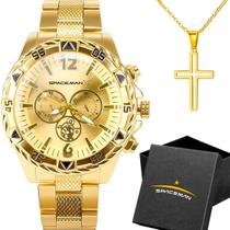 Relogio Masculino Dourado Aço Inox + Pulseira + Corrente Cruz religioso banhado silicone grumet robusto cordao presente
