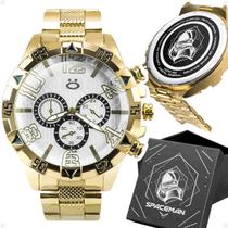 relogio masculino dourado aço inoxidavel prova dagua banhado + caixa social analogico presente pesado casual original
