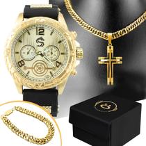 Relógio Masculino Dourado Aço Luxo + Pulseira Moda / Premium