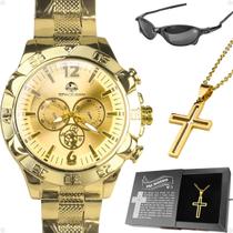 relogio masculino dourado aço + oculos crucifixo + caixa proteção uv robusto pesado católico prova d'agua resistente mandrake original relogio masculino dourado aço + oculos crucifixo + caixa proteção uv robusto pesado católico prova d'agua resistente mandrake original