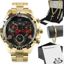 Relogio masculino dourado aço + pulseira + caixa presente