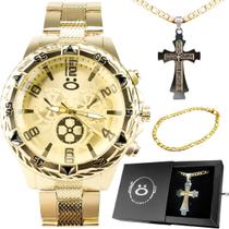 relogio masculino dourado aço + pulseira + cordão crucifixo