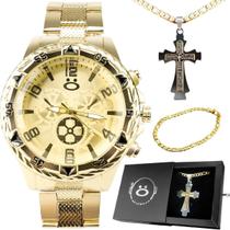 Relogio Masculino Dourado Aço + Pulseira + Cordão Crucifixo