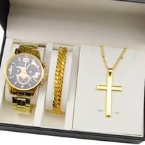 Relógio Masculino Dourado Alfa Geneva+ Colar Pulseira