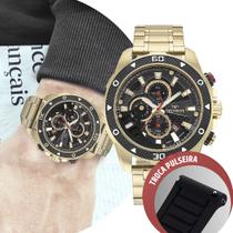 Relógio Masculino Dourado Analógico de Pulso Movimento Quartzo Troca a Pulseira à Prova D Água Redondo Grande Luxo Technos Kit com 2 Pulseiras