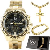 Relogio masculino dourado banhado + cordão + caixa + pulseira grande preto casual presente social