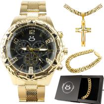 Relogio masculino dourado banhado + corrente + caixa + pulseira analogico grande preto original presente casual social