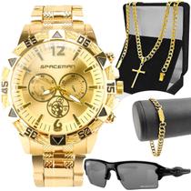 Relógio Masculino Dourado Banhado Grande + Cordão Cruz Aço Inoxidável + Óculos Proteção UV