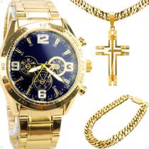 relogio masculino dourado banhado ouro + pulseira + crucifixo robusto qualidade premium resistente azul grande original