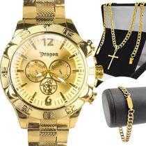 relogio masculino dourado banhado + pulseira + crucifixo aço casual qualidade premium original presente social pesado relogio masculino dourado banhado + pulseira + crucifixo aço casual qualidade premium original presente social pesado
