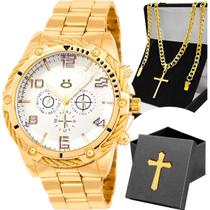 relogio masculino dourado + caixa + cordao grumet crucifixo presente pesado religiao casual jesus