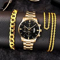 Relógio masculino dourado com corrente e pulseira