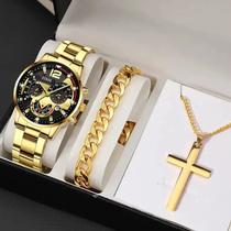 Relógio masculino dourado com corrente e pulseira - original