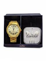 Relógio masculino dourado condor kit com fone inox social analógico