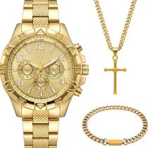 Relogio Masculino Dourado + Cordão Cruz + Pulseira Grumet presente religioso catolico qualidade premium analogico casual Relogio Masculino Dourado + Cordão Cruz + Pulseira Grumet presente religioso catolico qualidade premium analogico casual