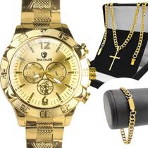 Relogio Masculino Dourado + Cordão Cruz + Pulseira Grumet Qualidade Premium Presente Catolico Dragao