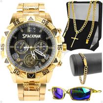 relogio masculino dourado + cordão + pulseira + oculos sol aço inoxidável proteção uv religioso presente social ouro