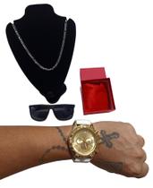 Relógio Masculino Dourado Corrente Óculos Caixa Kit Presente Ouro Branco F Dourado Relógio Masculino Dourado Corrente Óculos Caixa Kit Presente Ouro Branco F Dourado
