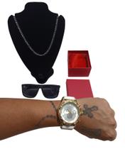 Relógio Masculino Dourado Corrente Óculos Caixa Kit Presente Ouro Branco F Prata Relógio Masculino Dourado Corrente Óculos Caixa Kit Presente Ouro Branco F Prata