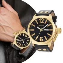 Relógio Masculino Dourado e Preto Analógico de Pulso com Pulseira de Couro e Caixa de Aço Inoxidável à Prova D Água Luxo Elegante Casual Social Magnum