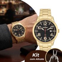 Relógio Masculino Dourado e Preto com Caixa e Pulseira de Aço Inoxidável à Prova D Água Kit com Alicate Casual e Social Luxo Condor