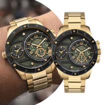 Relógio Masculino Dourado e Verde Analógico de Pulso com Caixa e Pulseira de Aço Inoxidável à Prova D Água Cronógrafo Grande Robusto Luxo Technos