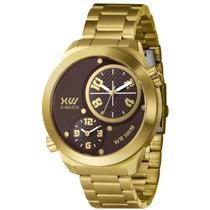 Relógio Masculino Dourado Grande Dois Horários X-Watch + NF