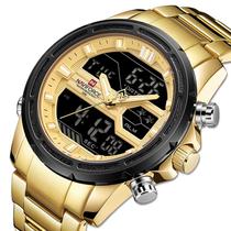 Relógio masculino dourado naviforce digital e analógico anadigi inox casual esportivo